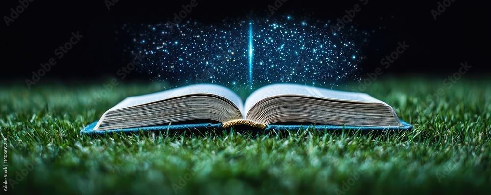 Poster open book under starry sky merging imagination and learning concept. an open book on grass with glow