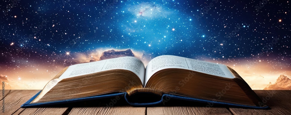 Poster open book under starry sky merging imagination and learning concept. an open book under a starry sky