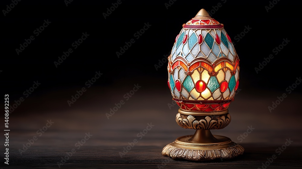 Poster easter and lamp: easter egg lamp with stained glass design casting colorful light patterns.