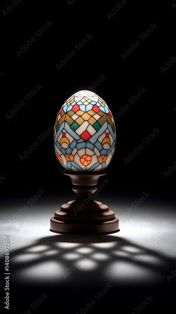 Poster easter and lamp: easter egg lamp with stained glass design casting colorful light patterns.