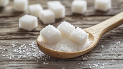 Wooden Spoon Full of Sugar Cubes on Rustic Table