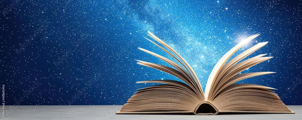 Aufkleber open book under starry sky merging imagination and learning concept. an open book against a starry s
