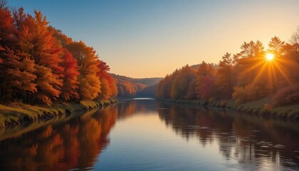 Autumn River Sunset: Vibrant Foliage and Golden Light