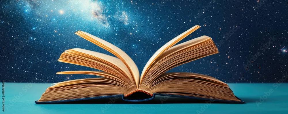 Poster open book under starry sky filled with galaxy and knowledge concept. an open book with pages flutter