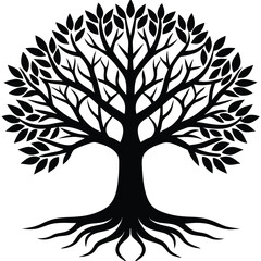 Obraz premium Tree of Life Silhouette, Rooted Tree Isolated on White,