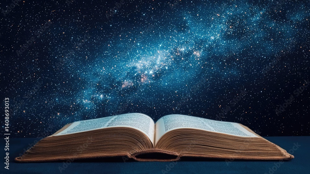 Poster open book under starry sky merging imagination and learning concept. an open book against a starry n
