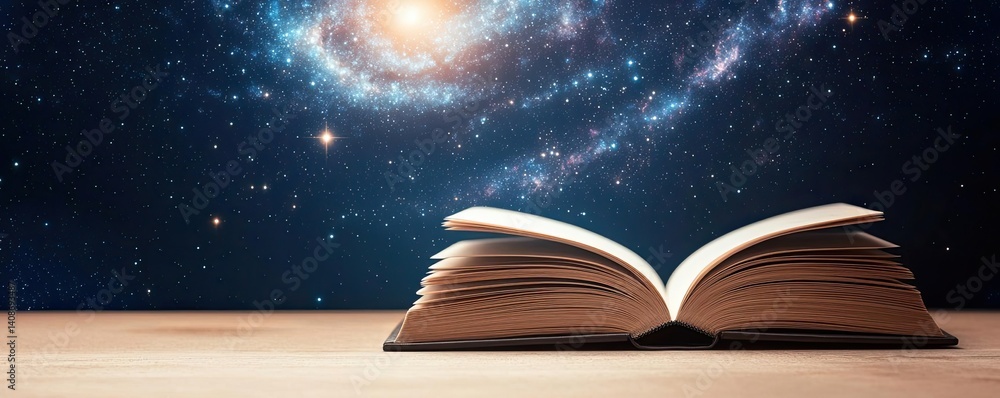 Aufkleber open book under starry sky merging imagination and learning concept. an open book in front of a vibr