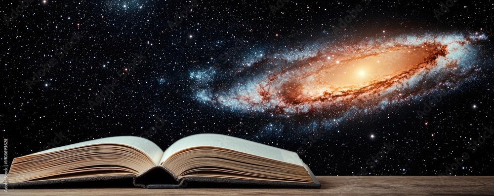 Poster open book under starry sky merging imagination and learning concept. an open book with a galaxy view