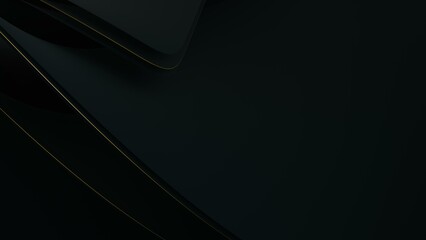 Elegant abstract background with matte black layers outlined in thin gold lines. Simple, modern design with a sense of luxury. 3d rendering