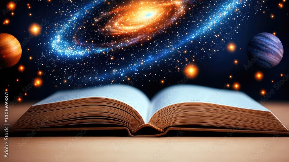 Poster open book under starry sky filled with galaxy and knowledge concept. an open book with a galaxy and 