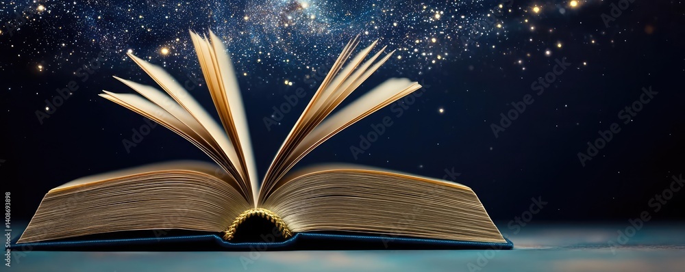 Aufkleber open book under starry sky merging imagination and learning concept. an open book radiating knowledg