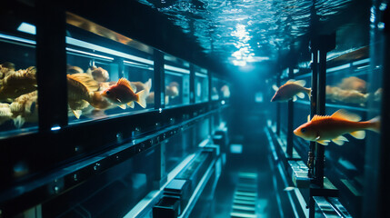 Obraz premium Deep sea research lab with artificial lighting illuminating various fish species in a high tech environment