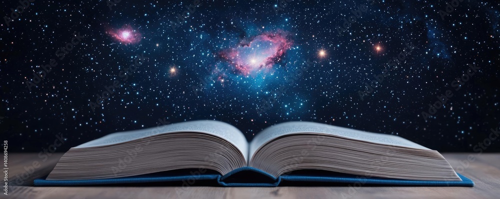 Poster open book under starry sky merging imagination and learning concept. an open book against a cosmic s