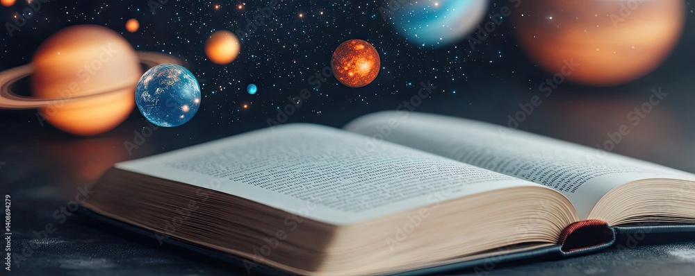 Poster open book under starry sky filled with galaxy and knowledge concept. an open book with planets and s