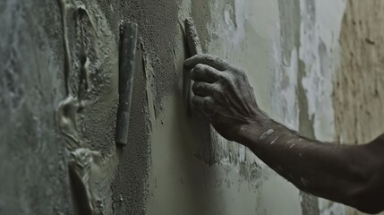 A construction worker applying plaster to a wall. Featuring craftsmanship and attention to detail