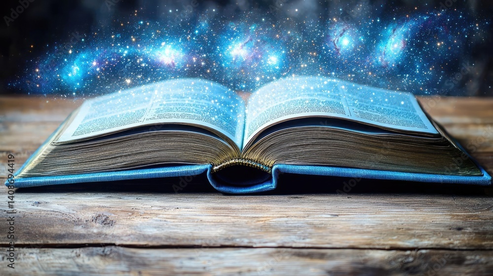 Poster open book under starry sky merging imagination and learning concept. an open book reveals a universe
