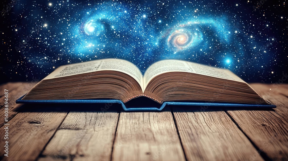 Aufkleber open book under starry sky merging imagination and learning concept. an open book reveals a cosmic u