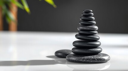 Obraz premium zen stones stacked balance spa wellness relaxation meditation harmony nature peaceful smooth black pebbles tower