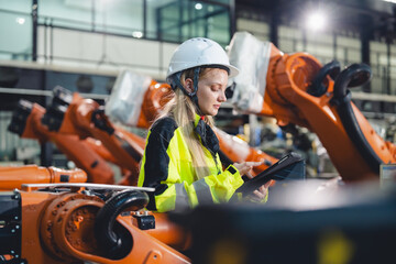 Female Engineer Working in Factory, Professional in the Manufacturing Industry, Wearing Uniform for...