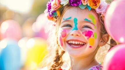 A smiling child in a flower crown with colorful balloons and confetti, celebrating joy and innocence on International Children's Day

