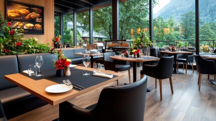 Obraz premium Cozy and Inviting Modern Restaurant Interior with Panoramic Nature View Elegant Dining Cafe Bistro Furniture and Decor with Comfortable Seating Glass Overlooking Outdoor Landscape