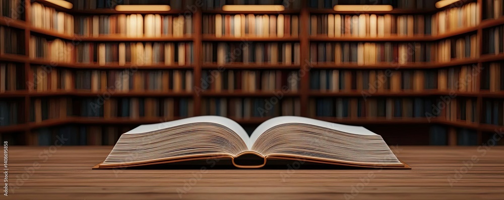 Aufkleber books floating in the air on reading and shelf concept. an open book on a wooden table in a cozy lib