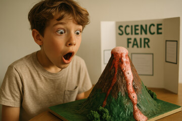 Excited boy observes erupting volcano model at science fair