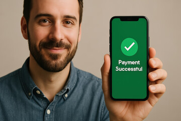 Smiling person holding smartphone showing successful payment confirmation on screen
