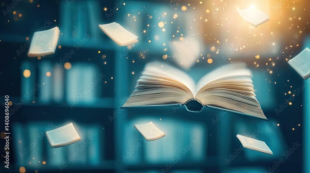 Poster books floating in the air in a literature and reading concept. an open book surrounded by floating p