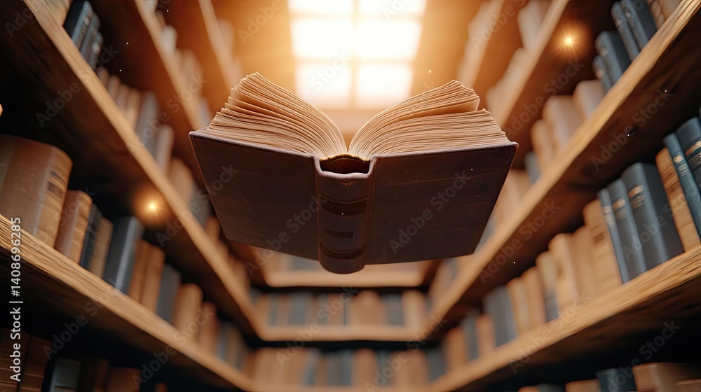 Poster books floating in the air on reading and shelf concept. an open book floats above a serene library, 