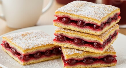 Delicious stack of cherry puff pastries dusted with powdered sugar on a white plate
