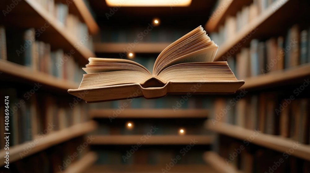 Poster books floating in the air on reading and shelf concept. an enchanting, floating book in a serene lib