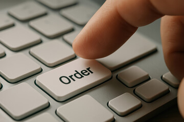 Finger pressing order key on keyboard for online shopping convenience