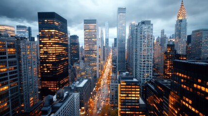 Fototapeta premium Illuminated cityscape at night featuring a panoramic view of a modern metropolis with towering skyscrapers bustling streets and a vibrant financial district