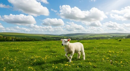 Obraz premium Lamb in Spring Meadow with Rolling Hills.