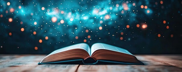Open book under starry sky filled with galaxy and knowledge concept. An open book with vibrant cosmic background and shimmering stars.