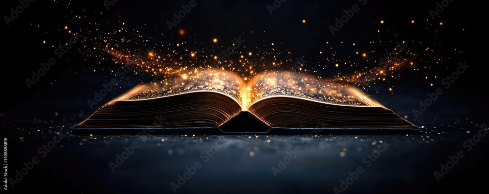 Poster open book under starry sky blending dreamlike imagination concept. an open book with magical sparks 