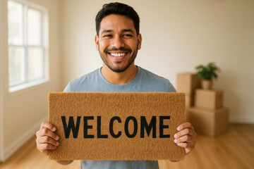 Smiling man holding welcome mat in new home with moving boxes in background