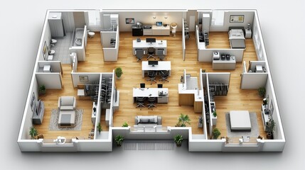 Detailed 3D rendering of a contemporary furnished apartment with an integrated floorplan layout showcasing the interior design furniture placement and overall living space