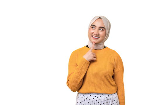 Beautiful thoughtful Asian girl wearing hijab looking into empty space, touching chin, thinking about something interesting isolated on transparent background