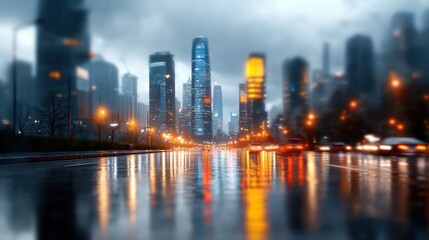 Obraz premium Breathtaking view of a bustling city skyline at night with towering skyscrapers reflections in the wet streets and a network of illuminated roads and highways showcasing the vibrant dynamic