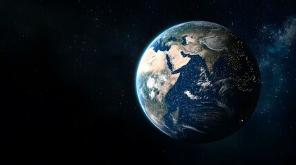 Fototapeta premium The image shows planet Earth from space, against a backdrop of stars.A medium description sentence: A vibrant Earth, swirling with clouds and pinpricks of city lights, hangs in the inky blackness of