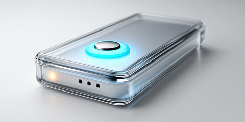 Futuristic transparent mobile phone showing power button and charging indicator