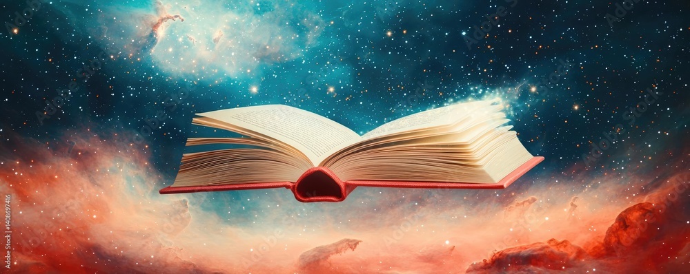 Poster open book under starry sky filled with galaxy and knowledge concept. a captivating open book floatin