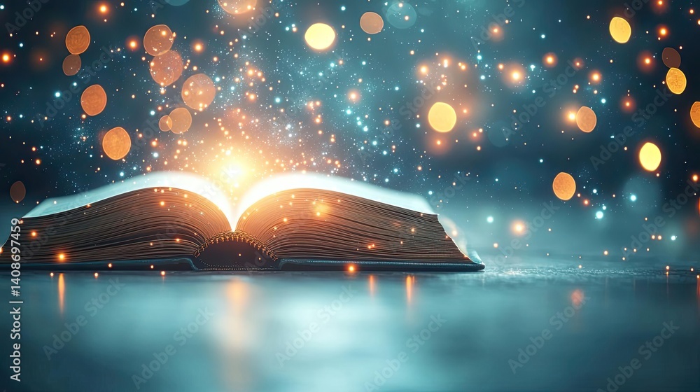 Poster open book under starry sky merging imagination and learning concept. an open book radiating light wi
