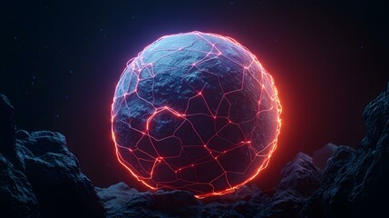 Obraz premium A glowing, rocky orb, encased in a network of fiery lines, rests amidst dark, craggy asteroids under a starry sky.