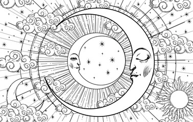 Mystical astrological coloring book for adults, crescent moon with face on sky background with stars, vector esoteric zodiac poster, horoscope, tarot.