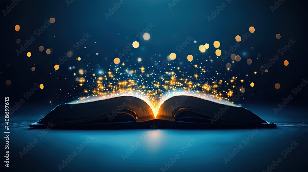 Poster open book under starry sky filled with galaxy and knowledge concept. an open book radiating light an