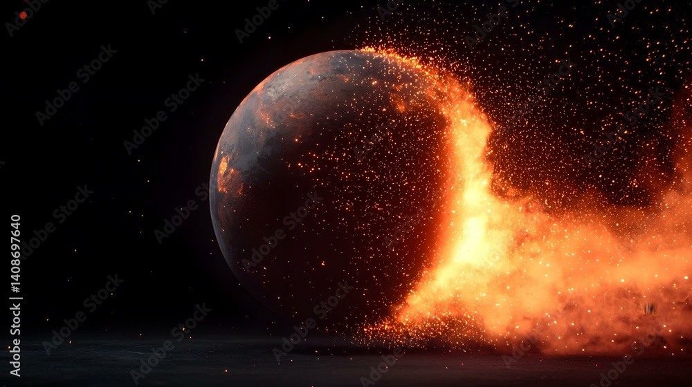Poster a planet is depicted in the image, seemingly disintegrating or exploding, with a fiery, orange and r