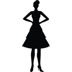 Black Silhouette of Woman in Dress with Hands on Hips on Transparent Background